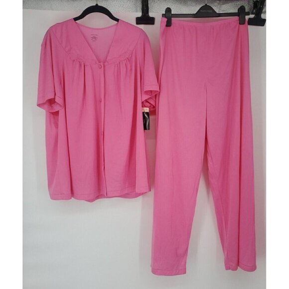 Vintage Vanity Fair Pink Pajamas Set 2X Nylon Short Sleeve Top Long Pants NWT - Picture 1 of 10